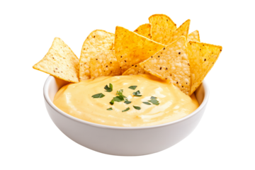 A bowl of creamy cheese dip garnished with herbs, surrounded by tortilla chips isolated on white background. Concept of a tasty snack or appetizer