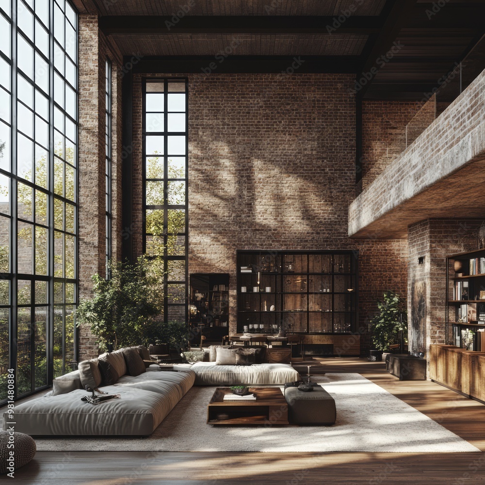 Poster Spacious industrial style living room with large windows, exposed brick walls, and a comfortable seating area.