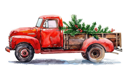 Christmas  Watercolor red truck on transparent