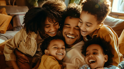Overjoyed biracial family with kids having fun at home