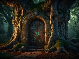 Magical doorway in an ancient tree with glowing runes.