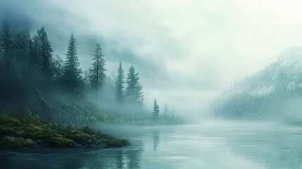 Serene Morning Mist, a tranquil scene where gentle fog envelops a peaceful landscape, creating an atmosphere of calm and reflection in the early hours.