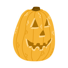 Flat hand drawn funny Halloween pumpkin jack o lantern. Spooky design for autumn holiday isolated on white background. Cute creepy printout, sticker or decoration