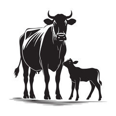 Black and White Cow and Calf Vector for Farm-Themed Graphics, Mother Cow and Baby Calf Illustration for Commercial Use