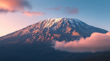 Kilimanjaro Awakening, the majestic peak of Mount Kilimanjaro illuminated by the first light of dawn, inviting adventurers to embrace its breathtaking beauty in Tanzania