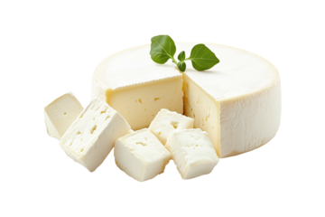 Soft creamy goat Chvre cheese wheel isolated on white transparent background. Dairy product concept.