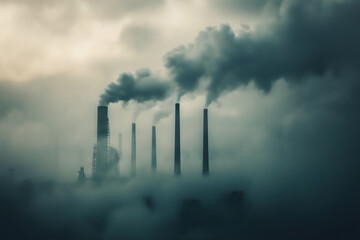 Obraz premium A large factory with multiple smokestacks releases a continuous stream of dark, toxic smoke, creating a thick layer of smog that blankets the area