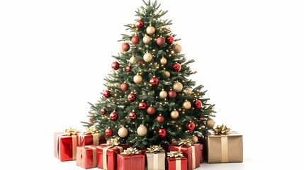 Christmas tree with presents and lights on white wall background. Winter holidays