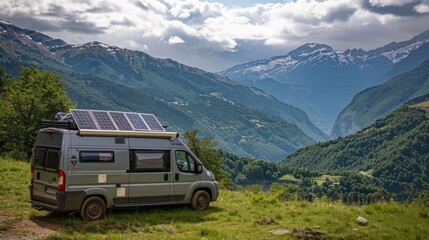 Fototapeta premium A campervan parked in a picturesque location with a solar panel array installed on its rooftop