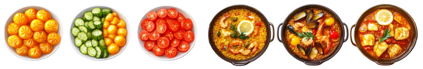 Fototapeta premium Fresh fruits and vibrant dishes create colorful culinary display. 