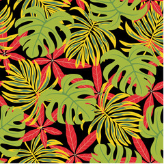 Abstract seamless tropical pattern with bright plants and leaves on black background. Jungle leaf seamless vector floral pattern background. Printing and textiles.  Vintage pattern.