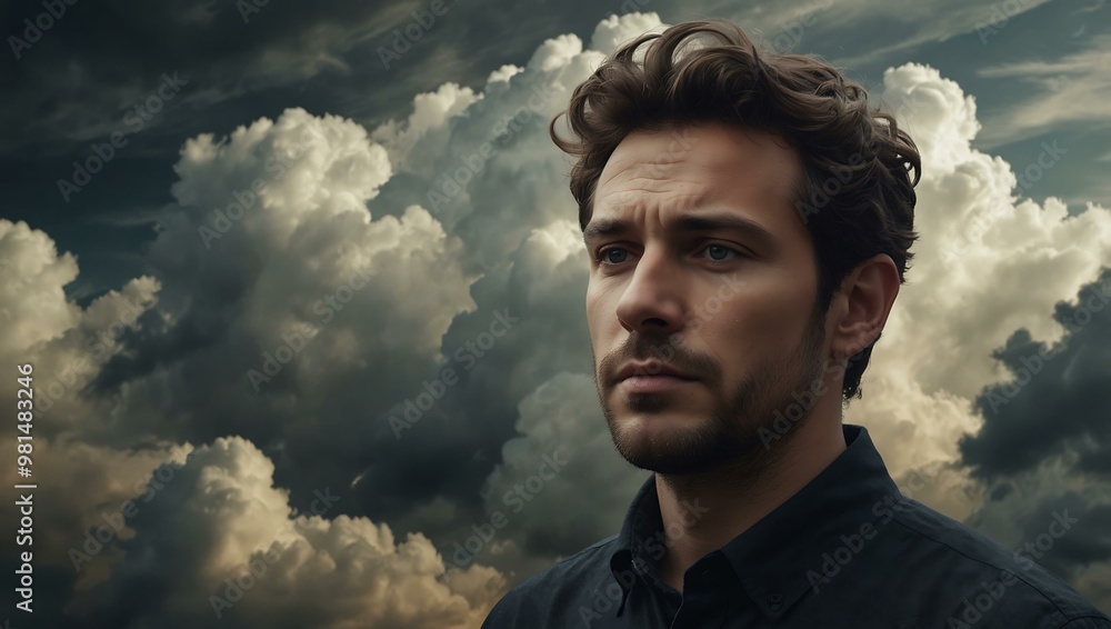 Poster man’s face obscured by swirling clouds, creating a mysterious mood.