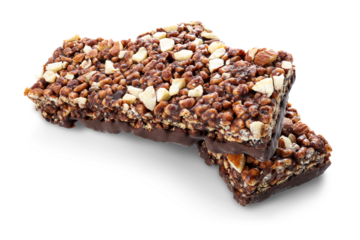 Chocolate protein bars with nuts, cereal and granola isolated on transparent background, high protein sports nutrition