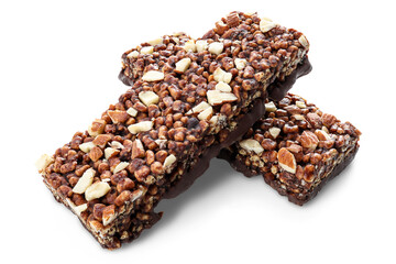 Chocolate protein bars with nuts, cereal and granola isolated on transparent background, high protein sports nutrition