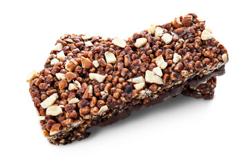 Chocolate protein bars with nuts, cereal and granola isolated on transparent background, high protein sports nutrition