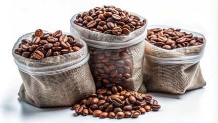 Fototapeta premium Three burlap sacks filled with rich, roasted coffee beans arranged on a bright surface, perfect for showcasing coffee culture.