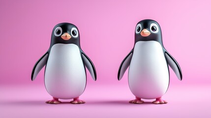 Obraz premium Two cute cartoon penguins stand together against a vibrant pink background, showcasing their playful character and charm.