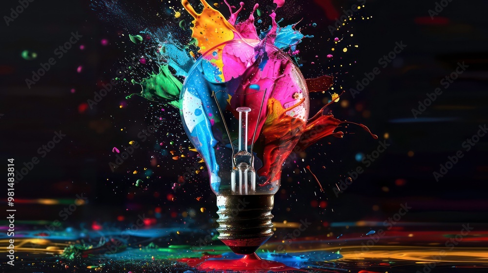 Poster a light bulb explodes with colorful paint splatters, creating a vibrant and dynamic image.