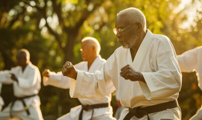 senior old man in kimono practicing martial arts at green park, active older male has karate or judo training outdoor at sunset