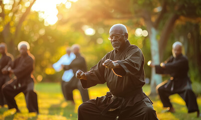 senior old man in kimono practicing martial arts at green park, active older male has karate or judo training outdoor at sunset