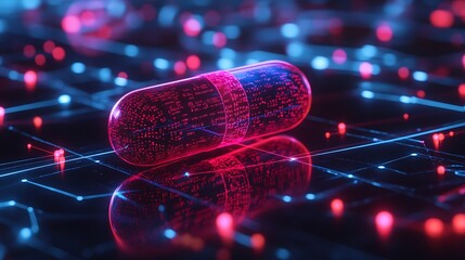 Macro view of a pill placed on a glowing digital grid, representing the intersection of biotech advancements and genomic healthcare.