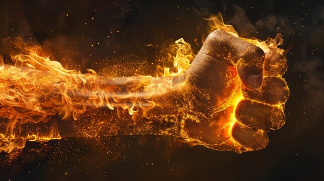 Fiery Explosive Fist Dynamic Power and Energy Art, symbolizing force, impact, intensity, and passion creatively