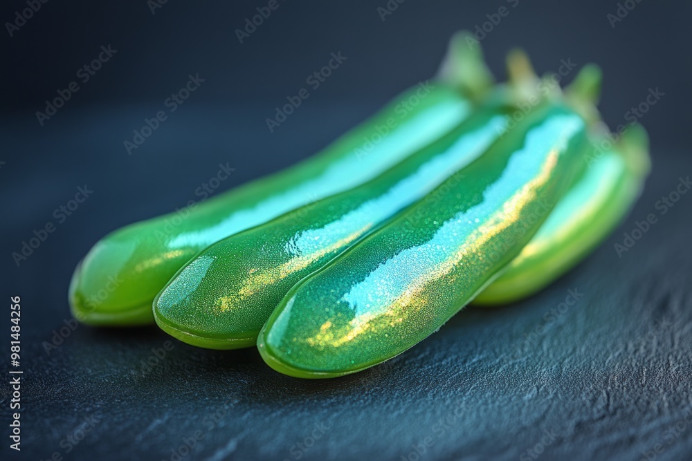 Sticker Three green pea pods, glistening with moisture, arranged on a dark slate surface.