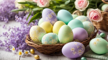 Obraz premium Easter holiday. Pastel-colored eggs, spring flowers, elegant baskets made in a fresh color palette of pale lavender, mint green and pale yellow.