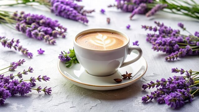 A tranquil coffee scene featuring a latte with a heart design, surrounded by vibrant lavender flowers on a marble background.