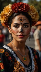 Mexican woman in traditional clothing at a Day of the Dead parade.