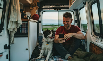 happy man sitting in van motorhome with adorable dog and browsing internet with mobile phone