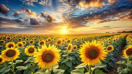 Fototapeta premium A vibrant field of sunflowers basking in the golden light of sunset, creating a picturesque landscape of natural beauty.