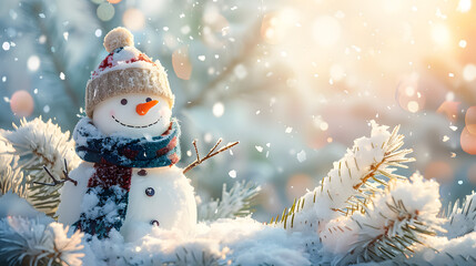 Obraz premium Panoramic View of Happy Snowman in Winter Scenery