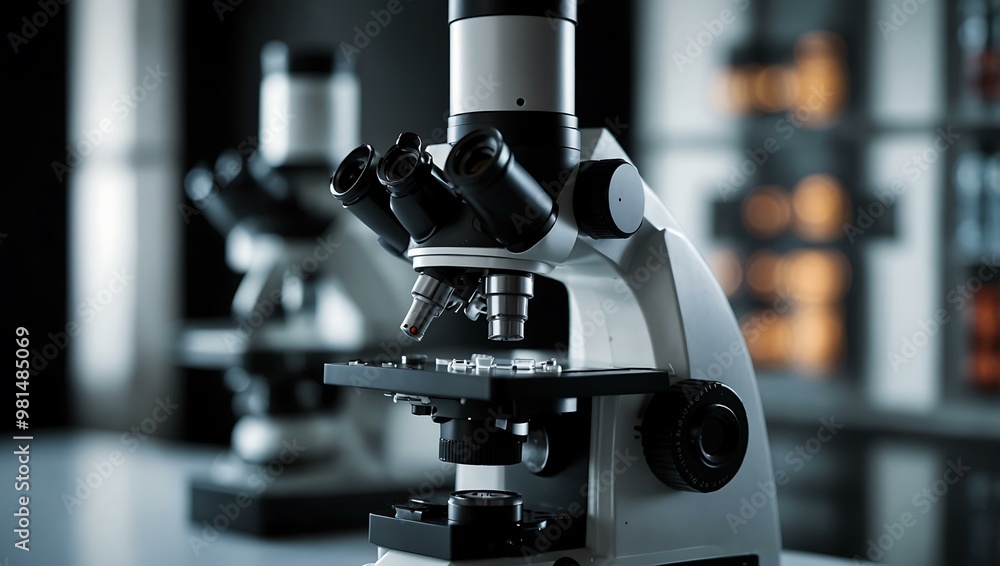 Poster microscope analyzing samples in a lab, highlighting research and tech advances.