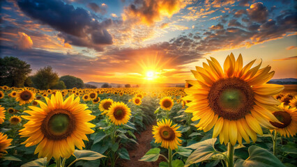 Obraz premium A vibrant sunflower field under a stunning sunset, showcasing golden blooms against a colorful sky.