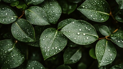 Fototapeta premium Close-up of green leaves covered in water droplets after a rain shower.