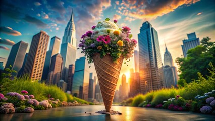 A whimsical ice cream cone filled with vibrant flowers stands against a stunning city skyline at sunset.