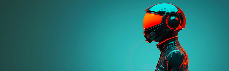 A futuristic astronaut in a sleek black suit with a reflective helmet and mirrored orange visor stands against a teal background, offering ample copy space.