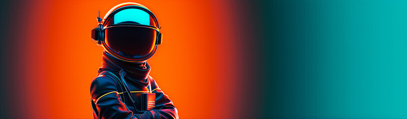 A futuristic astronaut in a sleek reflective helmet stands confidently against a vibrant orange and teal gradient background, offering ample copy space.