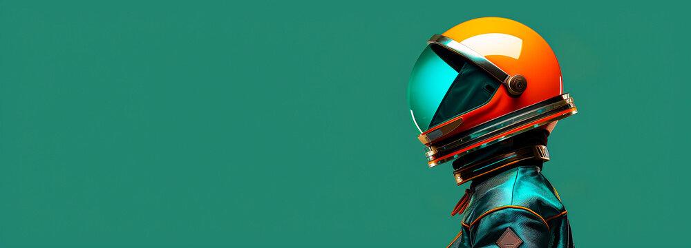 A colorful, futuristic astronaut in an orange helmet and teal spacesuit, set against a solid green background. Space exploration and sci-fi concept.Copy space.