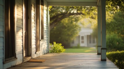 Naklejka premium Serene Porch Ambiance, a tranquil outdoor space enveloped in gentle illumination, inviting relaxation and peaceful moments in a cozy, sunlit setting