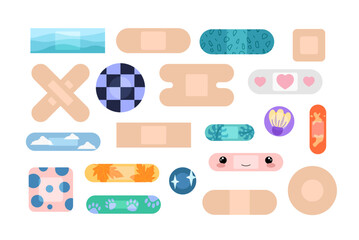 Set of patches. Bandages in different shapes. Protection for skin. Healthcare and medicine. Bandage and tape for wounds and injuries. Linear vector illustration