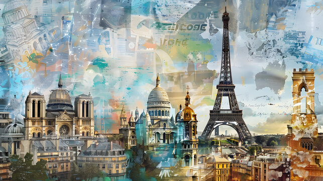 Paris famous landmarks collage