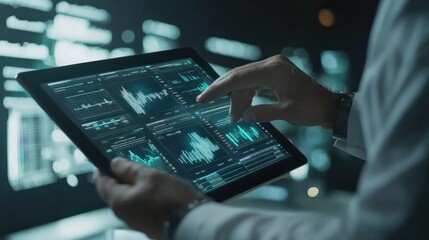 A businessman analyzing digital financial charts on a tablet, with graphical data overlay on white background, concept of market analysis transparent background