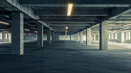 Empty concrete parking garage with large support pillars, industrial lighting, and a minimal design layout