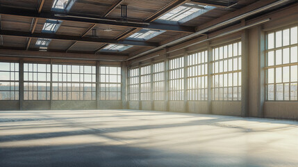 Obraz premium A sunlit industrial warehouse with large windows, wooden floors, and exposed beams creating a warm, rustic feel