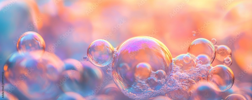 Poster soap bubbles with colorful reflections in soft