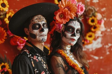 A man and a woman dressed in Day of the Dead costumes, ready for celebration