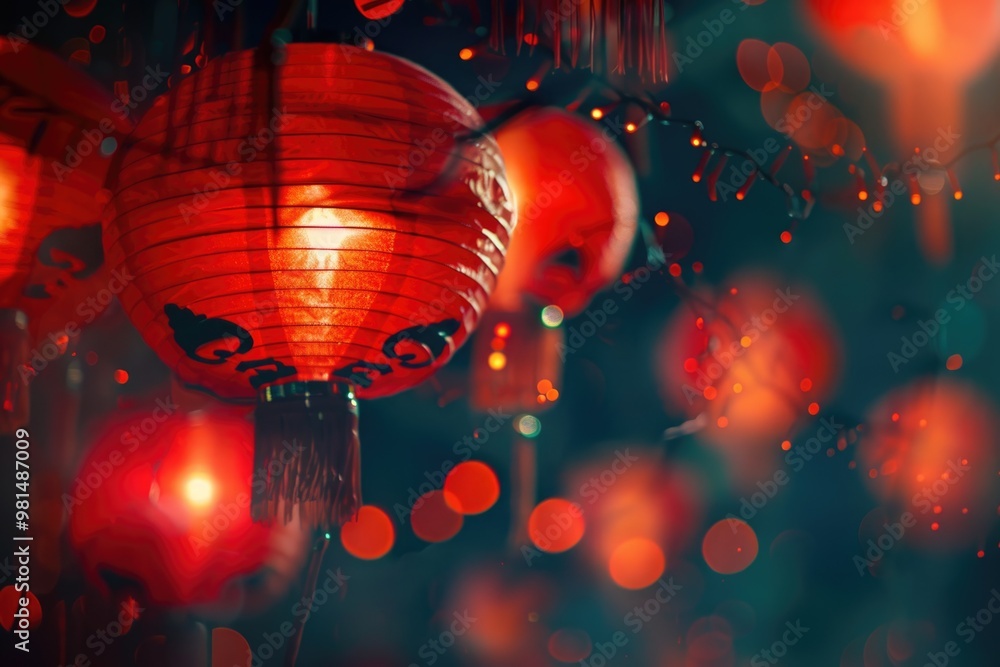 Poster a string with multiple red lanterns hung from above, often used for decoration or event lighting