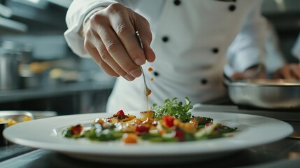 chef in a well-equipped kitchen arranging microgreens on a plated dish with precision, copy space